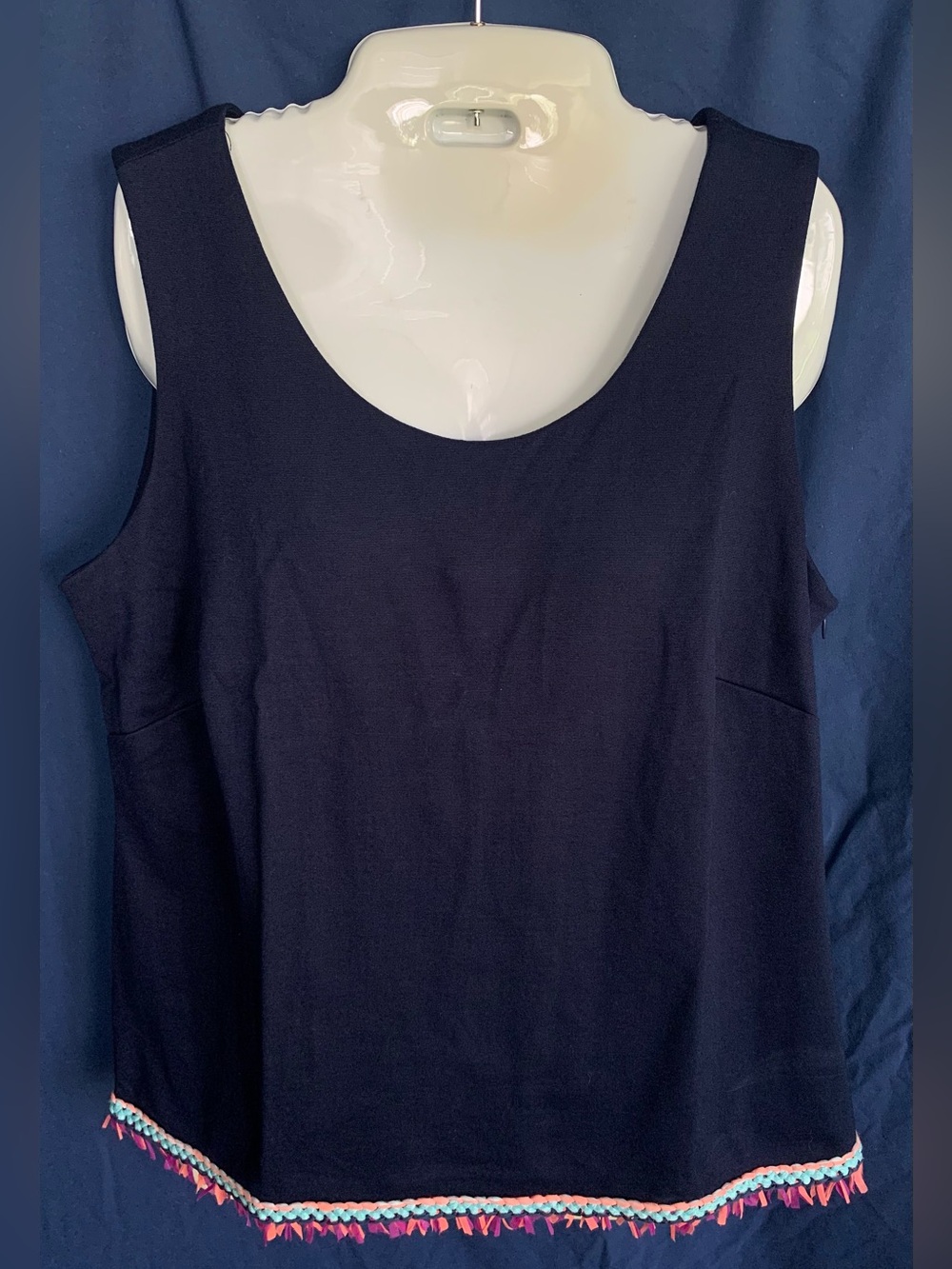Buckley K size 14 Made in the USA Sleeveless Navy Tank with Colorful Fringe Trim